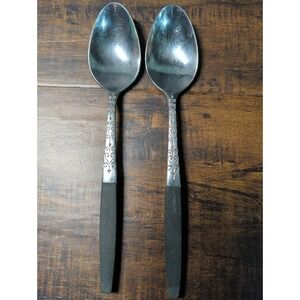 2 Interpur Stainless‎ Black Handle Teaspoon Canoe Heart Scroll Japan Vtg